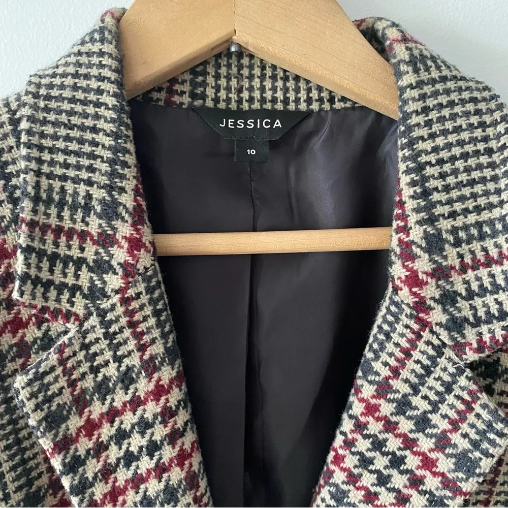 Jessica beige and dark grey plaid tailored wool blazer jacket size 10 womens - Picture 3 of 14